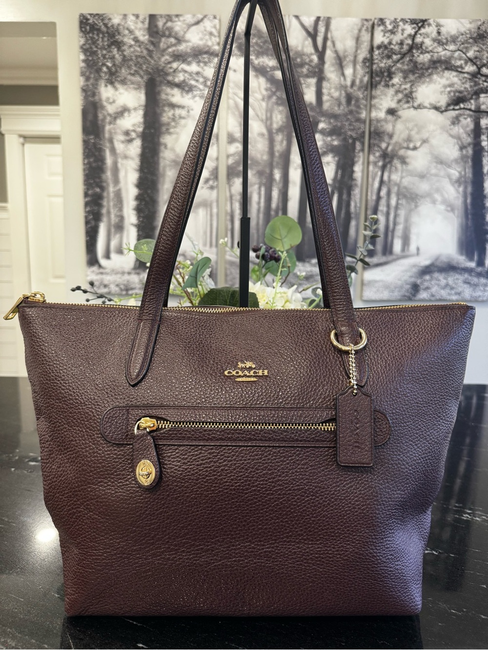 🤎COACH Taylor Pebble Leather Zip Top Tote Brown Shoulder Bag with Gold Hardware